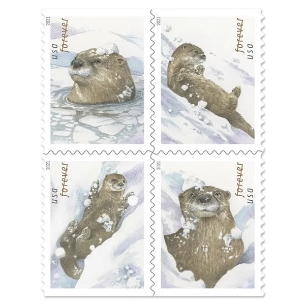 Otters in Snow Forever First Class Postage Stamps