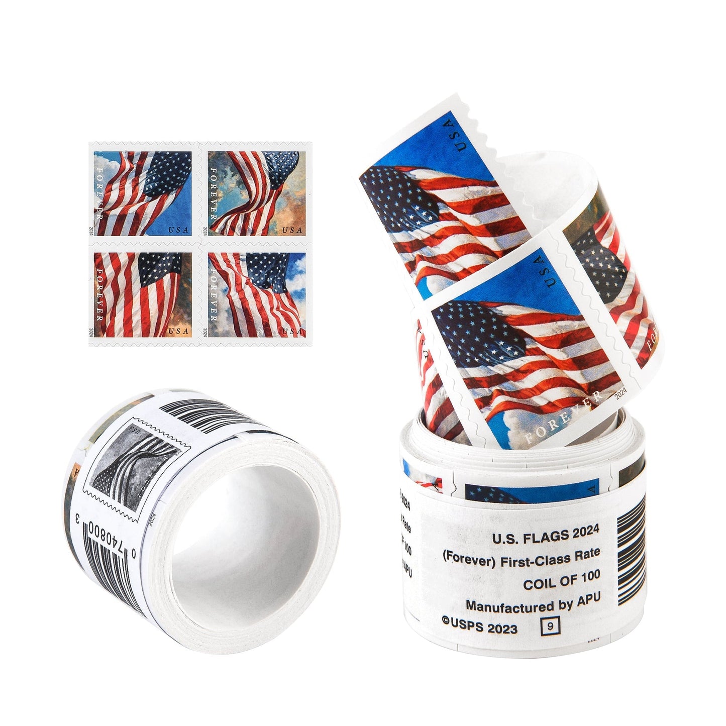 2024 U.S. Flag Forever Stamps – 100 Pcs Coil Roll (Self-Adhesive)